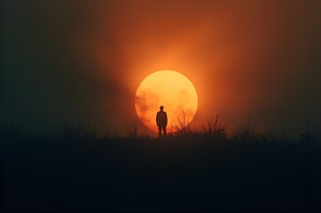 Silhouette of Person Facing Setting Sun Over Field