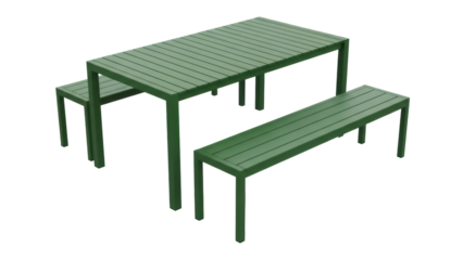 Isolated green table and benches seating set, modern outdoor patio furniture design