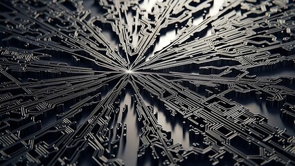 Abstract radial network of dark metallic circuit board lines emanating from a central point