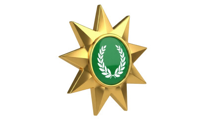 Isolated, golden star medal with green round center and white laurel wreath design motif