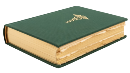 Isolated hardback medical book with Caduceus symbol in close-up view, for reference guides
