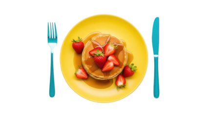 Isolated pancakes stack on yellow plate with strawberries, maple syrup and cutlery aside