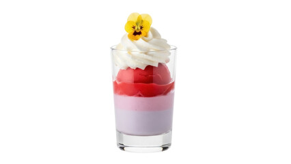 Isolated fancy dessert in glass with red ice cream, whipped cream, and pansy garnish