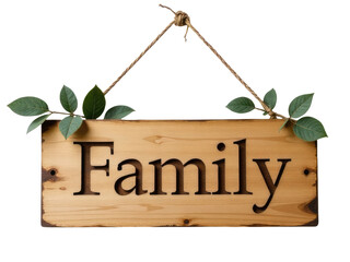 A wooden sign with the word 'family' hangs from ropes in an outdoor setting.transparent background
