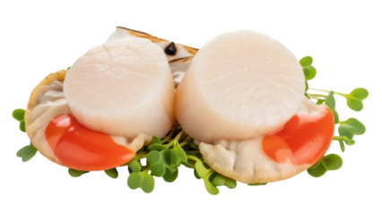 Isolated closeup of scallops, delicious seafood, presented with fresh greens, horizontal format