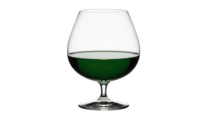 Isolated glass with dark green absinthe drink on clear crystal stemware, no background