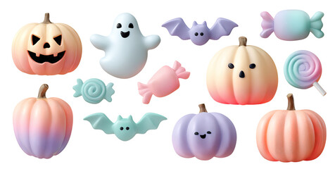 Collection features pumpkins, ghosts, bats, and candy. Designed in bubble style with a transparent background. Ideal for Halloween celebrations and themed decorations for various events
