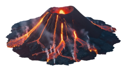 Isolated active volcano with flowing lava emitting steam from crater eruption effect