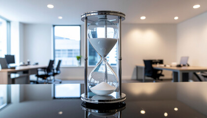An hourglass timer on a reflective office table in a modern workspace with blurred background