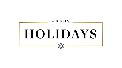 Elegant minimalist happy holidays greeting card design featuring black serif typography and a gold frame on white