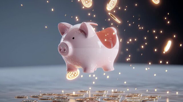 piggy bank in pastel tones splitting open with tiny glowing bitcoins, surreal finance stock
