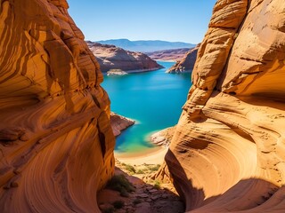 Dramatic Slot Canyon Overlooking Blue Reservoir Water