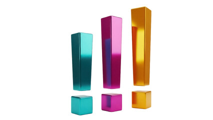 Isolated Polished 3D Exclamation Marks in Green, Pink, and Gold for Emphasis and Attention