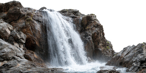 waterfall with splashing water flowing over big dark rock landscape isolated on white or transparent png