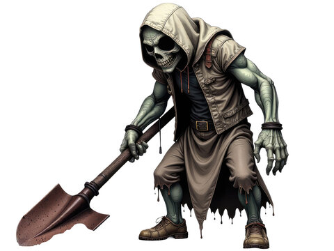A cartoon zombie holding a shovel.transparent background