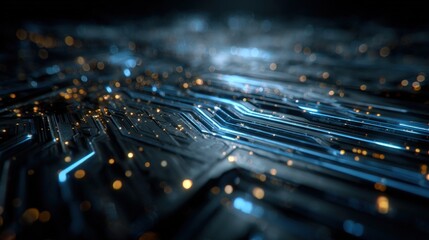 Abstract Close-up of Circuit Board with Glowing Lights