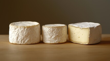 Three different types of cheese on a wooden table.