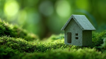 Miniature House on Lush Green Moss in Nature Setting