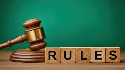 Wooden Gavel and Blocks Spelling Rules on Green Background
