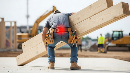 Occupational Back Pain: Construction worker lifting heavy lumber with highlighted lower back injury