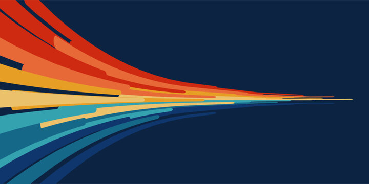 A vibrant 70s-style poster with fast-paced rainbow stripes and curved arrow-shaped perspective lines. A colorful vintage abstract background, a stylish nostalgic vector design for posters and decor
