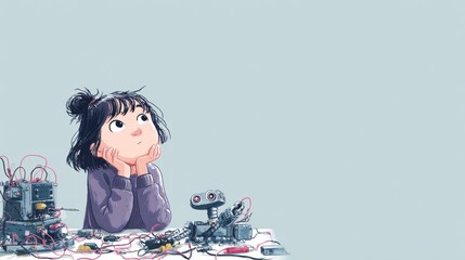 illustration of girl building a robot with wire