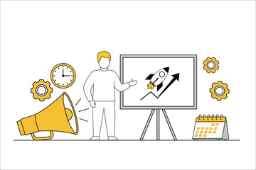 Business growth presentation with rocket chart flat minimal vector illustration