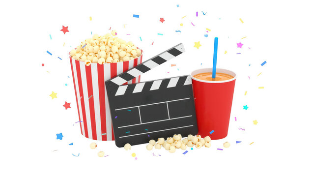 Night snacks with clapperboard isolated on a transparent background cinema popcorn drink
