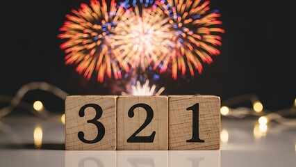 New Year's Eve countdown with wooden blocks and vibrant fireworks display