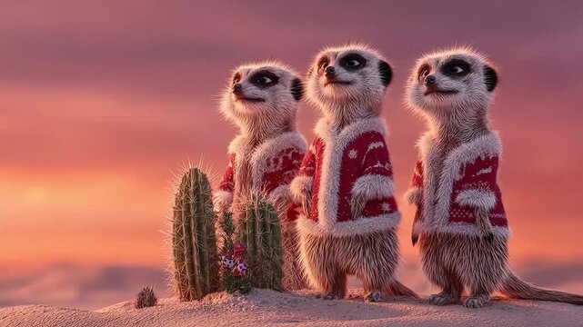 Three meerkats wearing sweaters on glowing desert