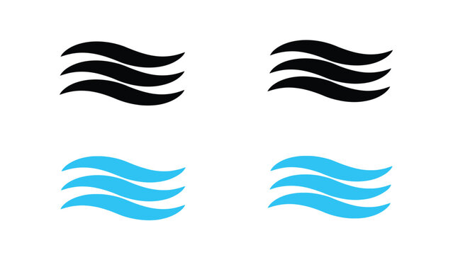 Set of four stylized wave and wind icons in black and blue color