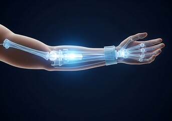 Futuristic robotic prosthetic arm with transparent structure and glowing joints, representing bionic technology, human augmentation, medical innovation, artificial limbs, and advanced biomedical 