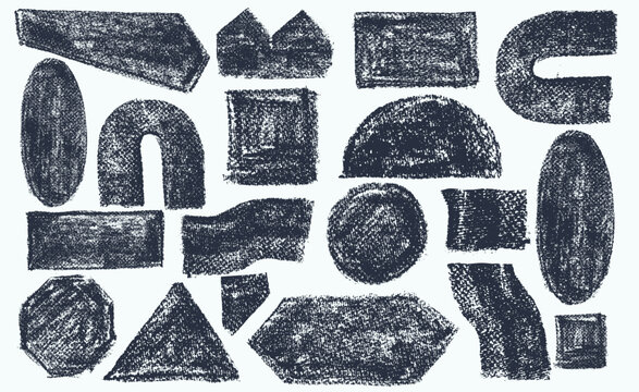 Grunge basic geometric shapes with soft rough texture. Crayon or pastel drawn bold forms and figures with noise charcoal effect. Vector hexagon, circle, oval, rectangle and square for abstract design.