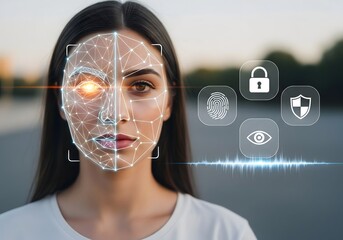 Female face with biometric scanning overlay and security icons, representing facial recognition technology, digital identity verification, artificial intelligence, cybersecurity, and advanced 