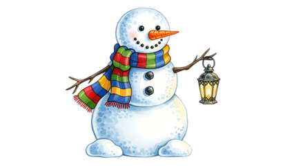 Snowman with lantern and scarf on white background