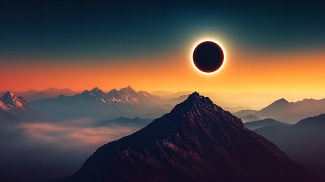 Solar Eclipse Over Majestic Mountain Range at Sunset, Dramatic Sky and Peaks - Powered by Adobe