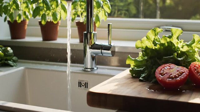 Water flowing from faucet in kitchen with fresh basil plants on windowsill green outdoor view