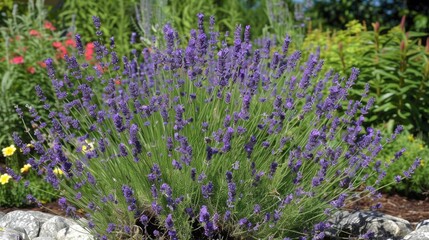 Fototapeta premium Close-up of a sprig of flowering lavender. The flower is swaying in the wind. A purple flower in a flower bed or in a field. Production of essential oil.