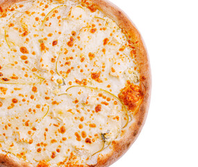 A round pizza features a golden, crispy crust topped with a generous layer of melted cheese. The cheesy surface is complemented by thin slices of fresh vegetables.