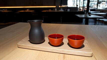 A wooden table with a black pitcher, orange cups, and a wooden tray.
