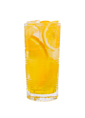 Refreshing orange beverage served in a tall glass with ice