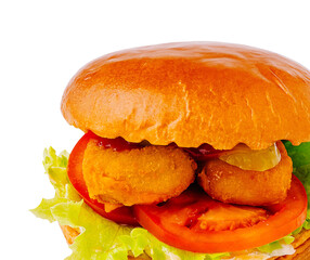 Delicious burger with crispy patties and fresh vegetables served at lunchtime