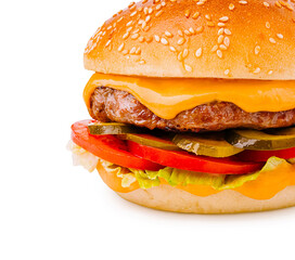 Delicious cheeseburger with fresh toppings on sesame seed bun