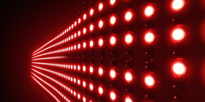 Perspective view of a wall with many red led lights illuminating in a dark environment