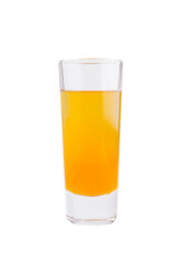 Bright orange drink in a tall glass on a clean white background