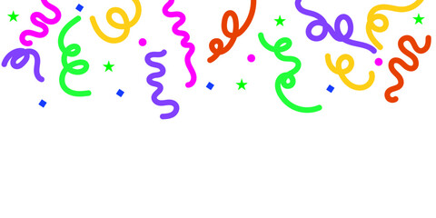 Colorful party confetti and streamers playfully falling on a pristine white background