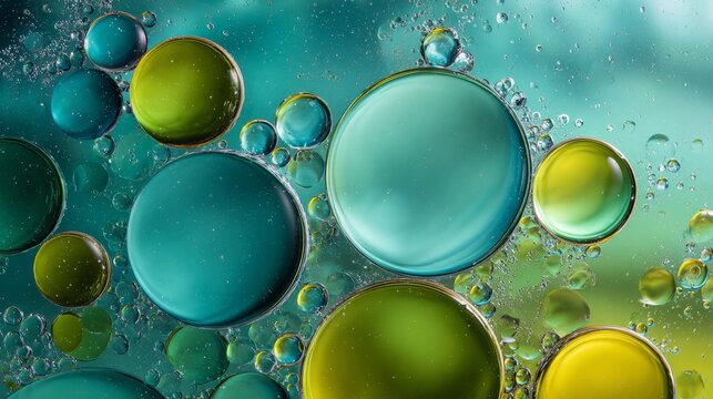 oil and water bubbles, abstract background in teal and green colors