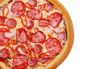 Delicious pizza topped with pepperoni and red peppers ready to enjoy
