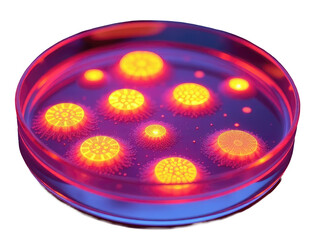 Lab equipment setup featuring petri dishes with yellow and red lights for scientific experiments.transparent background