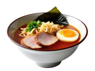 A steaming hot bowl of ramen noodles with juicy meat and a runny egg.transparent background